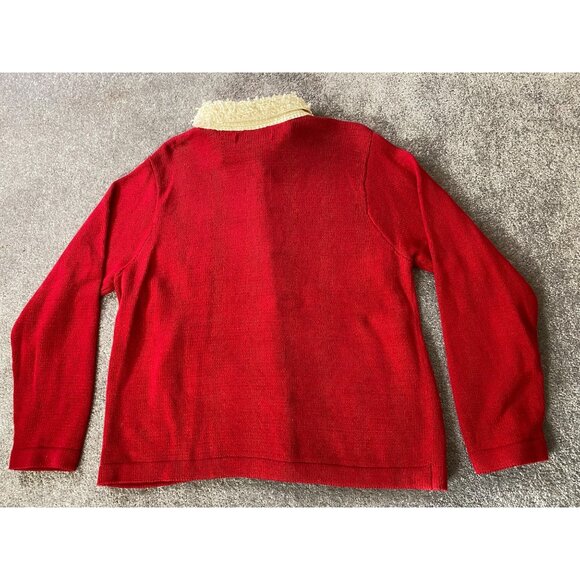 Victoria Jones Red Christmas Cardigan Sweater Sherpa Collar Beads Medium Petite - Picture 2 of 9